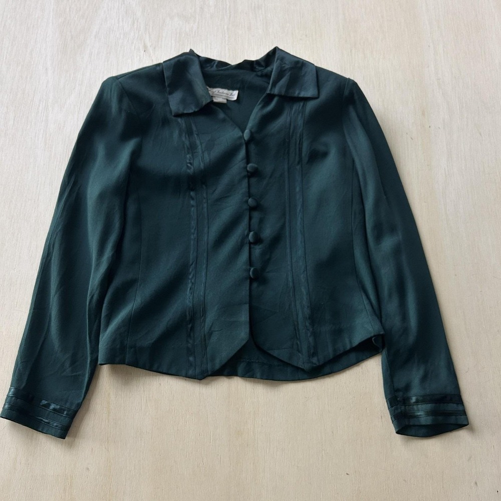 Vintage Meryl Fashions Blouse Womens 10 Green Satin Button Front Long Sleeve
